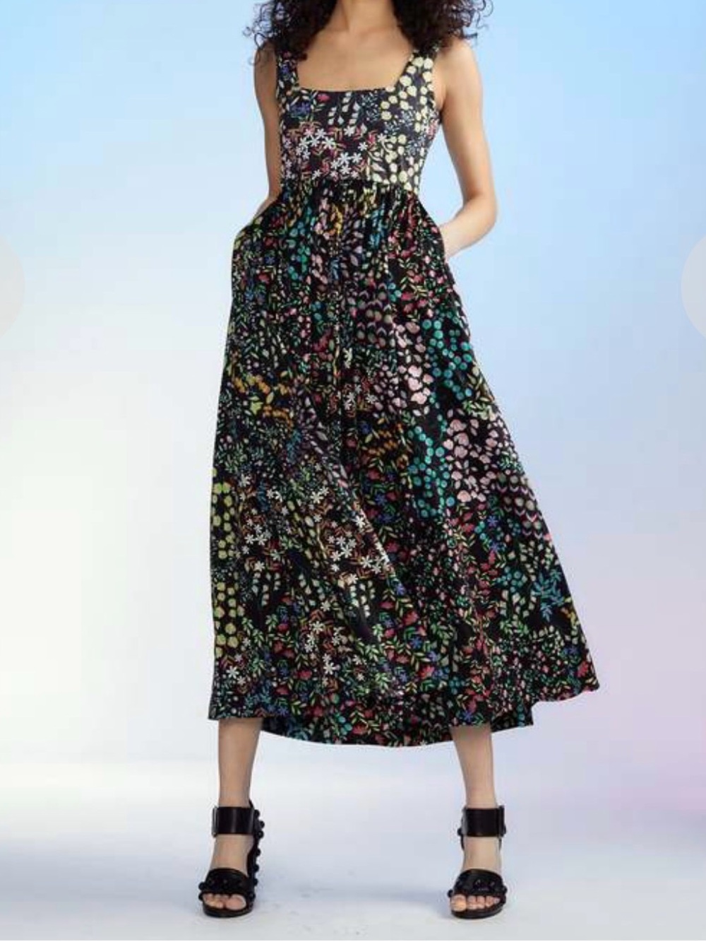 Cynthia Rowley Black Midi Skirt with Multicolor Floral Print